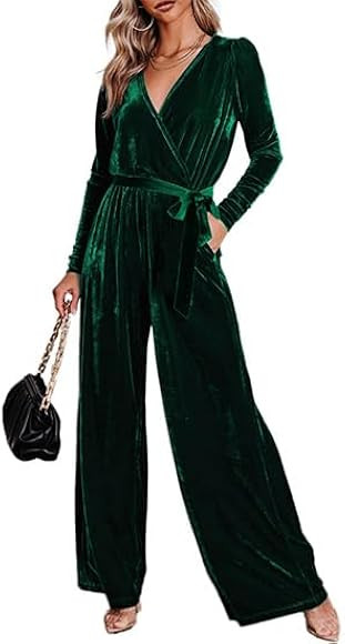 BerryGo Women's 2023 Velvet Formal Long Sleeve Wedding Guest Jumpsuits Wide Leg V Neck Romper Dre... | Amazon (US)