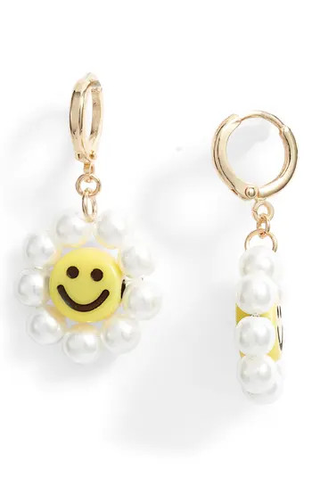 Smiley Face & Imitation Pearl Huggie Drop Earrings | Nordstrom