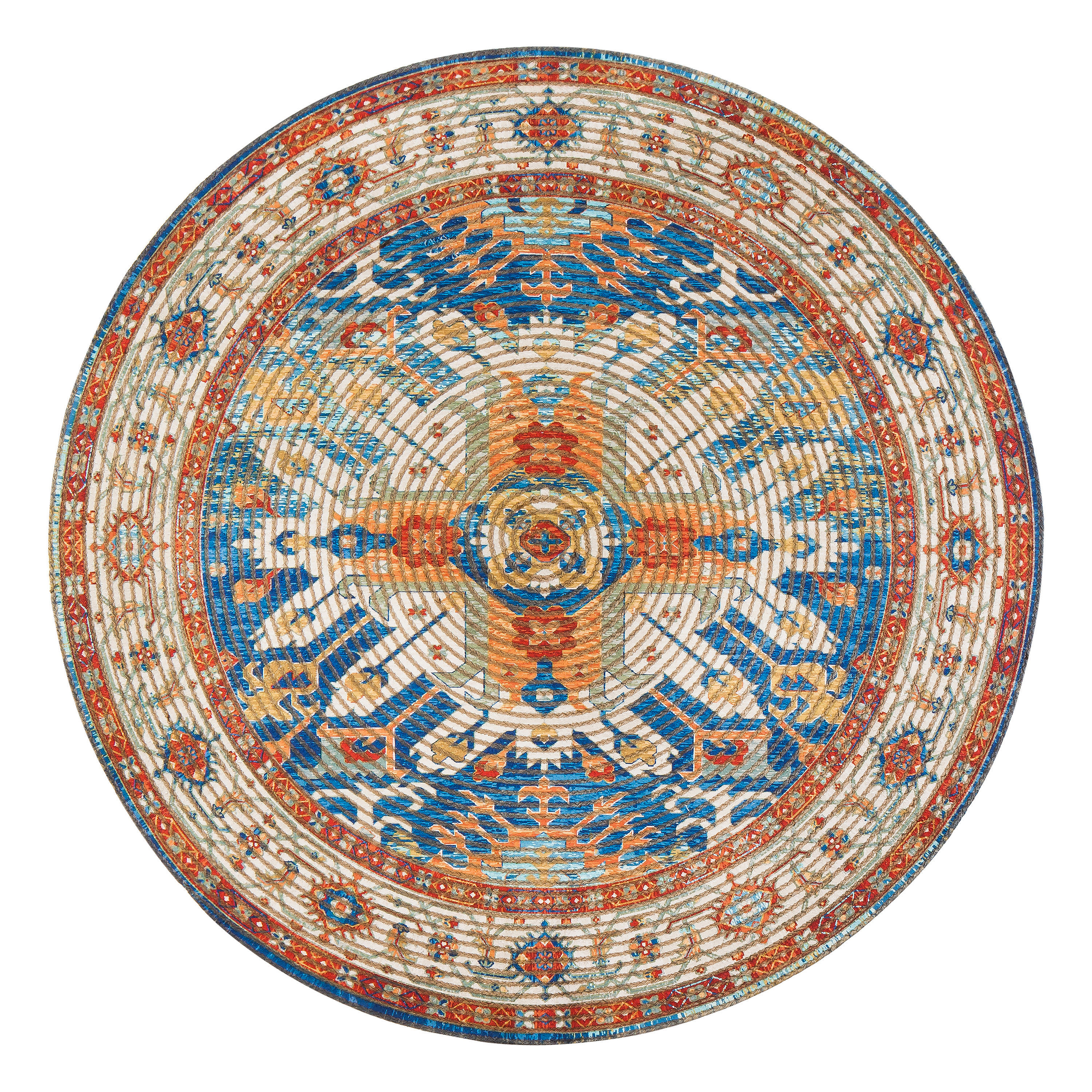 Sahand Round Blue and Orange Distressed Jute Blend Area Rug | World Market