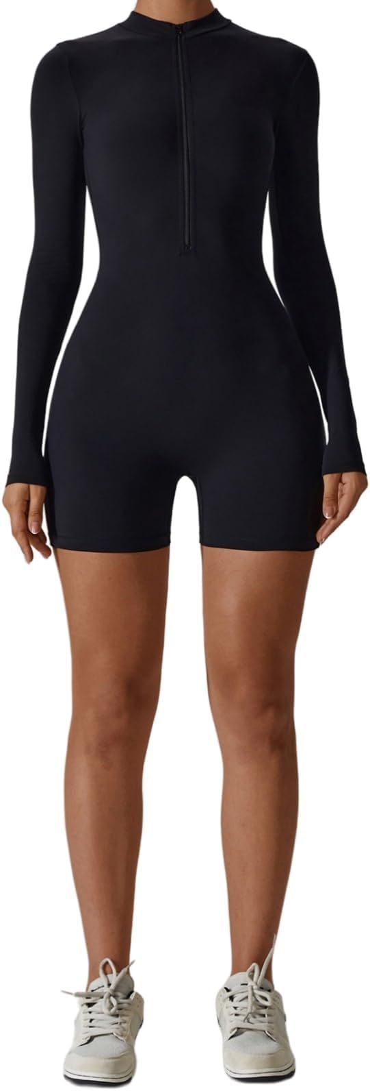 OEAK Womens Workout Jumpsuit Long Sleeve Zip Up 2024 Bodysuits Yoga Shorts Unitards Bodycon One P... | Amazon (US)