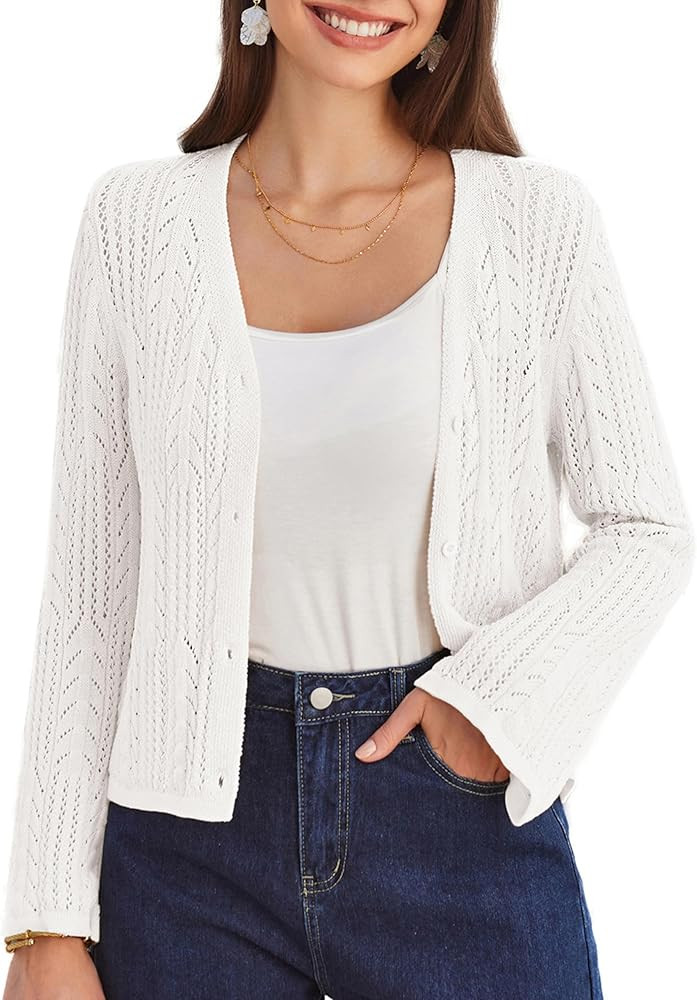 GRACE KARIN Womens Cropped Cardigan Lightweight Crochet Open Front Shrug Sweater Hollow Out V Nec... | Amazon (US)