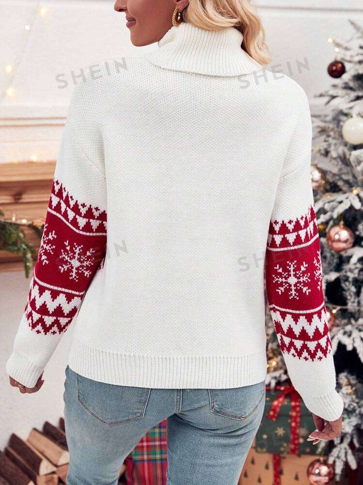 SHEIN Relaxiva Christmas Pattern Turtleneck Drop Shoulder Sweater | SHEIN