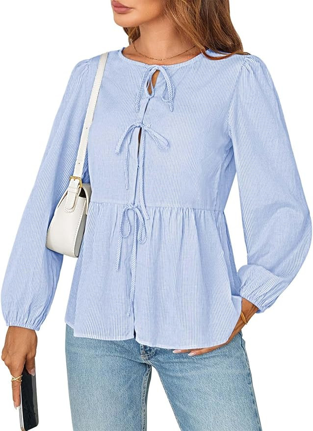 MEROKEETY Women's Tie Front Striped Peplum Tops Long Puff Sleeve Button Casual Babydoll Blouse Sh... | Amazon (US)