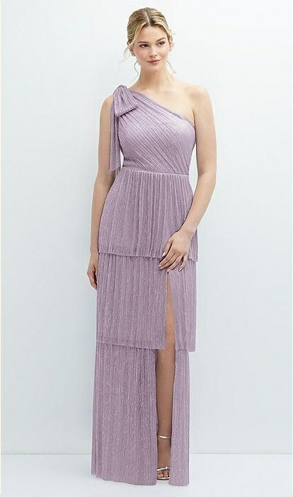 Tiered Skirt Metallic Pleated One-Shoulder Bow Dress in Metallic Lilac Haze | The Dessy Group