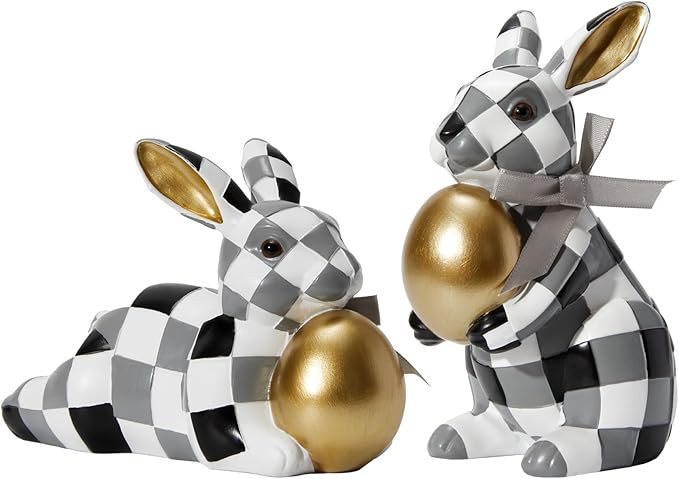WDS WONDROUS Easter Decorations Bunny Figurines Set, Black White Checkerboard with Gold Egg & Gre... | Amazon (US)