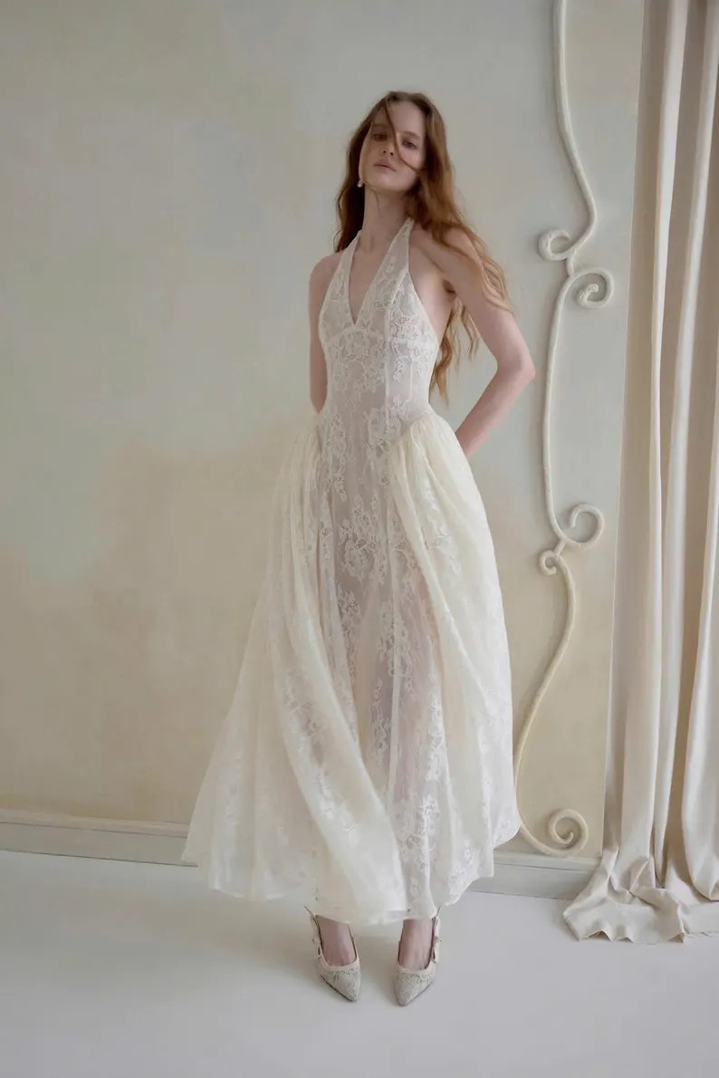Backless Lace Wedding Dress With Detachable Overskirt, Halter Bridal Gown, Sheer Ivory Wedding Dr... | Etsy (Global)