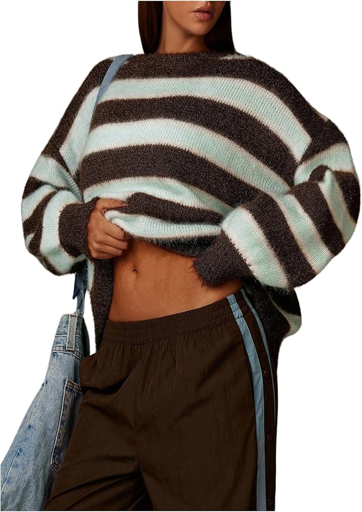 Women's Striped Sweater Color Block Oversized Knitwear Pullover Vintage Knit Tops | Amazon (US)