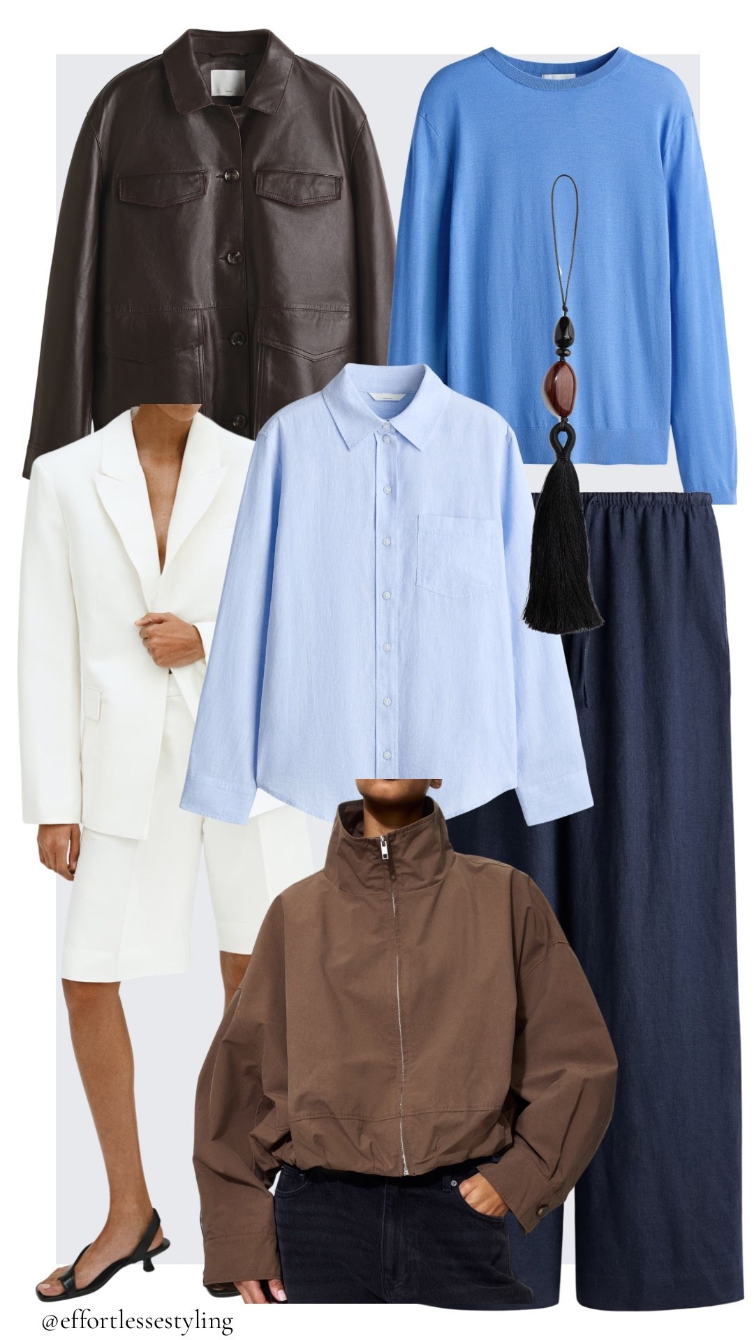 H&M current favourites 4/4/26 

Pale blue linen blend shirt, navy linen blend trousers, neutral tasselled bag charm, blue merino wool jumper, light brown bubble hem cotton funnel neck jacket, black kitten heel leather sandals, white linen blend Bermuda shorts, white linen blend blazer, dark brown leather jacket. 

#LTKstyletip #LTKspring #LTKuk