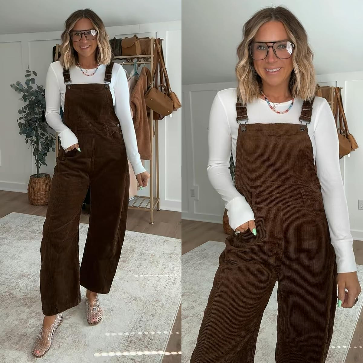 This is your sign to ditch the stress and keep outfits simple but styled with a classic top and these brown corduroy barrel leg overalls. Styled with jelly flats and a beaded necklace for a touch of nostalgia. Also linking some short sleeve white tops I tried on with this look  

 #LTKootd #LTKmomlife #LTKSeasonal