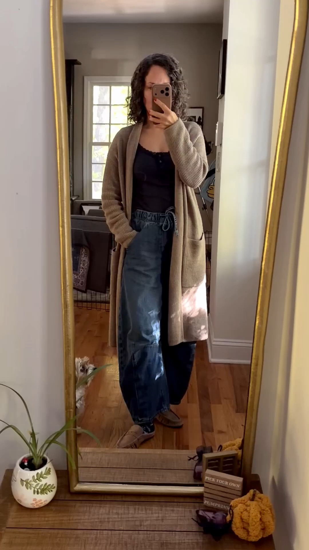 Cozy autumn outfit ~ mom on the go day today ~ over 40 style ~ Quince sweater, Gap barrel leg jeans, Steve Madden loafer mules.