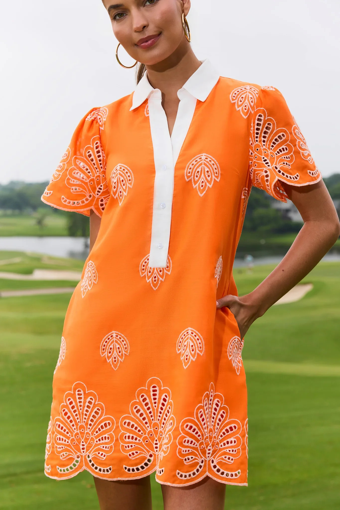 Orange Eyelet Embroidered Short Dress | Avara