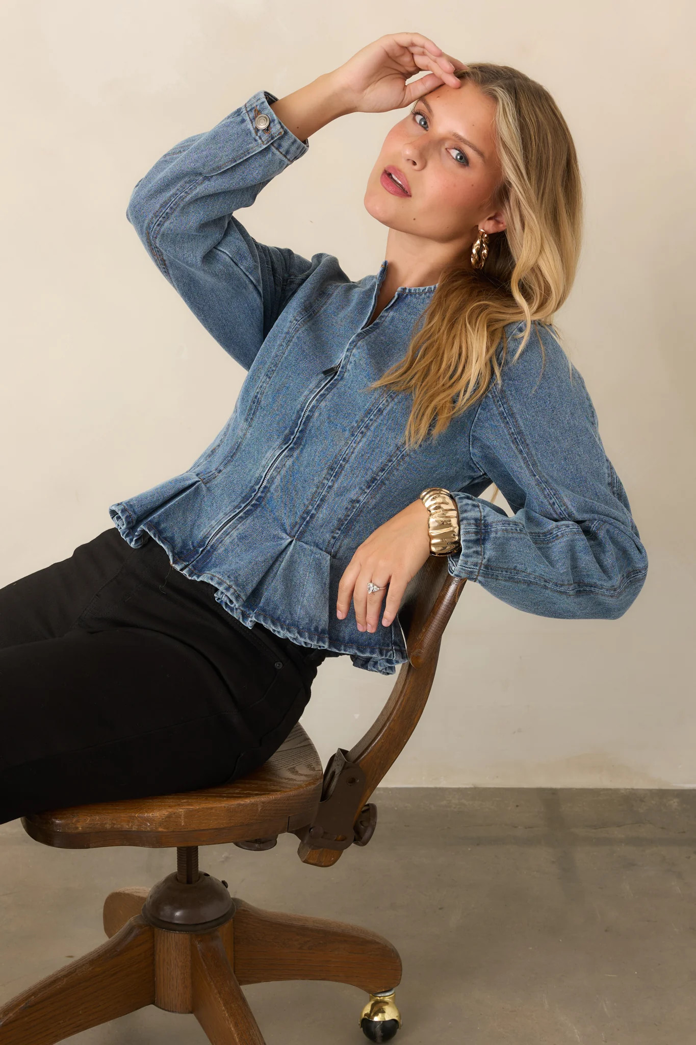 Perfectly Contoured Medium Wash Denim Peplum Jacket | Red Dress