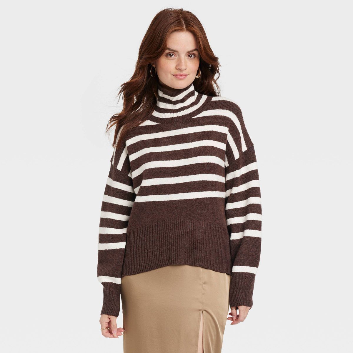 Women's Mock Turtleneck Pullover Sweater - A New Day™ Cream Striped XXL | Target