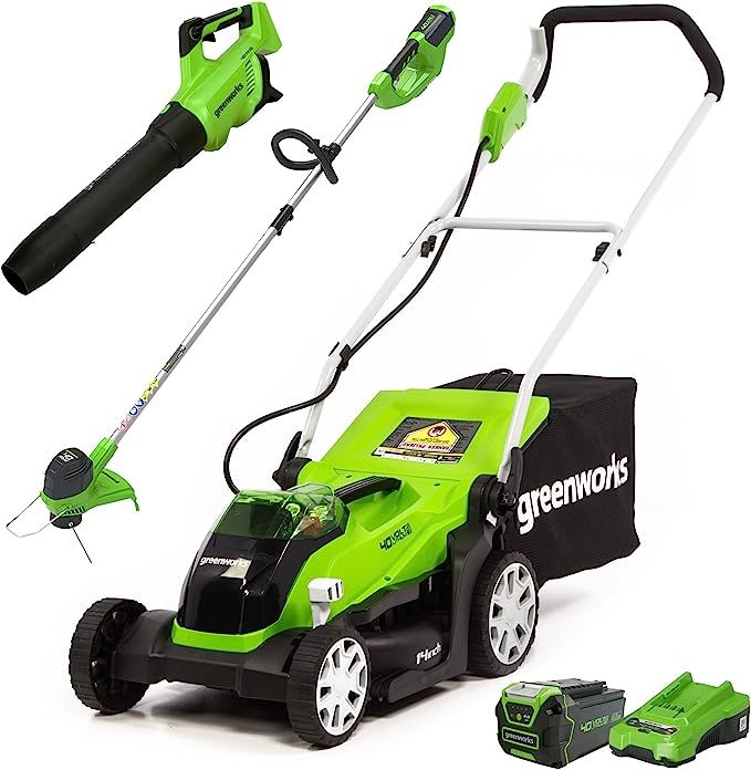 Greenworks 40V 14" Cordless Electric Lawn Mower, Leaf Blower (120 MPH / 500 CFM), String Trimmer,... | Amazon (US)