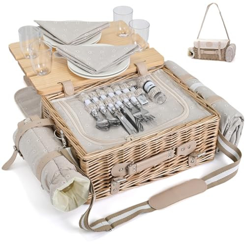 Mutifunctional Wicker Picnic Basket Set for 4 with Blanket and Picnic Table, Insulated Picnic Set with Full Tablewares for Camping Outdoor Couples, Flowers | Amazon (US)