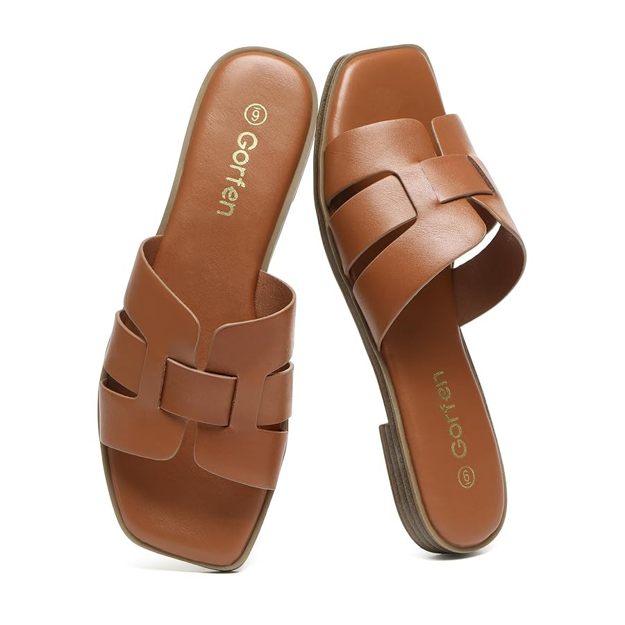 Women's Flat Sandals Dressy Comfortable Square Open Toe Slip On Leather Slide Sandals | Amazon (US)