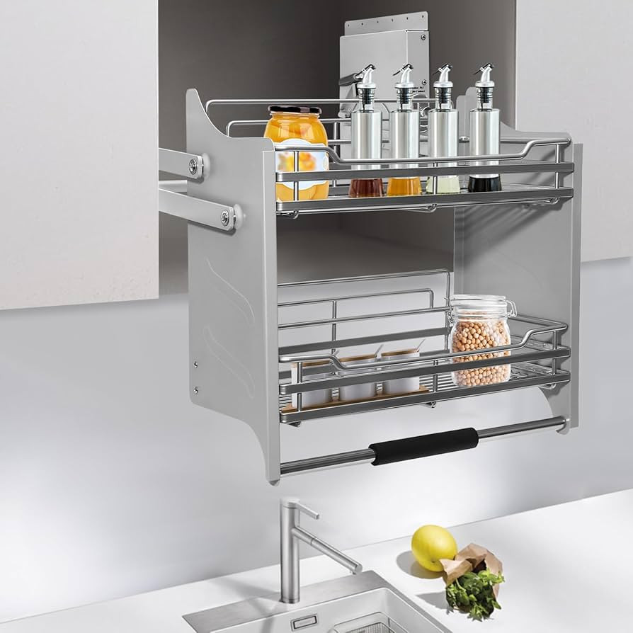 Pull Down Shelf Organizer for Upper Kitchen Cabinet Storage, 2-Tier Upper Cabinet Pull Down Shelf... | Amazon (US)