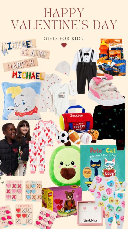 Happy Valentine’s day. Valentine’s day gift guide for the kids. Pete the cat. Dumbo pillow. Baby clothes. Custom kids night light. Kids first sports bag. hot wheels gift set. avocado squishmellow. baby's first valentines. custom kids name toys. valentines day clothes. glow in the dark pajamas.

#LTKGiftGuide #LTKSeasonal #LTKFind