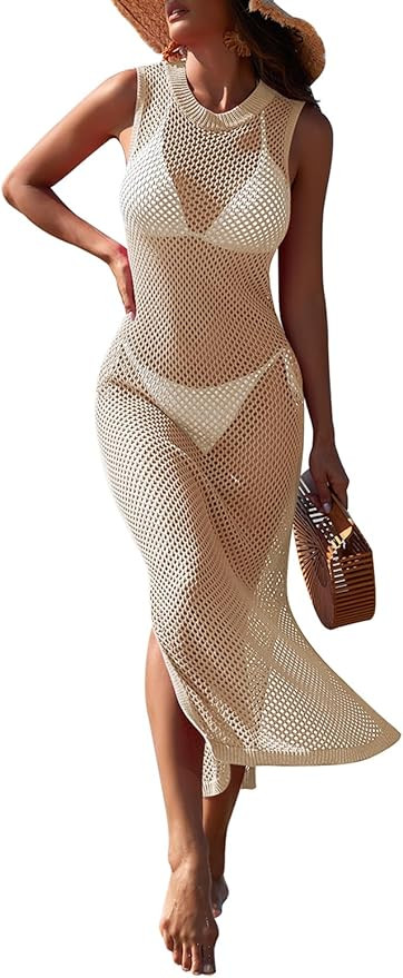 Pink Queen Women Swimsuit Cover Up Hollow Out Sleeveless Beach Maxi Dress Side Split Knit Cover U... | Amazon (US)