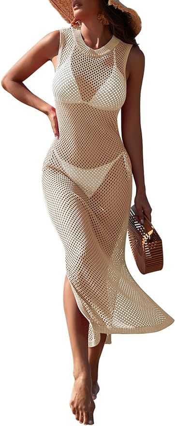 Pink Queen Women Swimsuit Cover Up Hollow Out Sleeveless Beach Maxi Dress Side Split Knit Cover U... | Amazon (US)