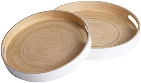 Shallow Bamboo Tray Set of 2, Round Serving Tray with Handles, Natural Bamboo Wood Decorative Tra... | Amazon (US)