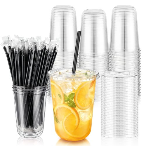 KesaPlan 50 Pack 16 oz Clear Round Bottom Plastic Cups with Lids & Straws | Amazon (US)
