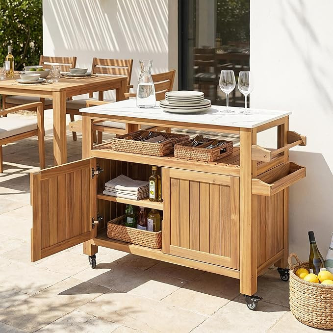 Christopher Knight Home Shina Outdoor Bar Cart with Marble-Effect Top and Lockable Wheels, Acacia... | Amazon (US)