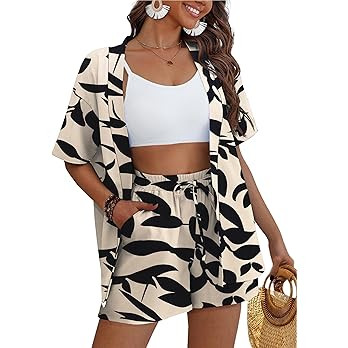 REDHOTYPE Women's 2 Piece Outfits Kimono Style Tropical Print Cover Ups Half Sleeve Blouse Shorts... | Amazon (US)