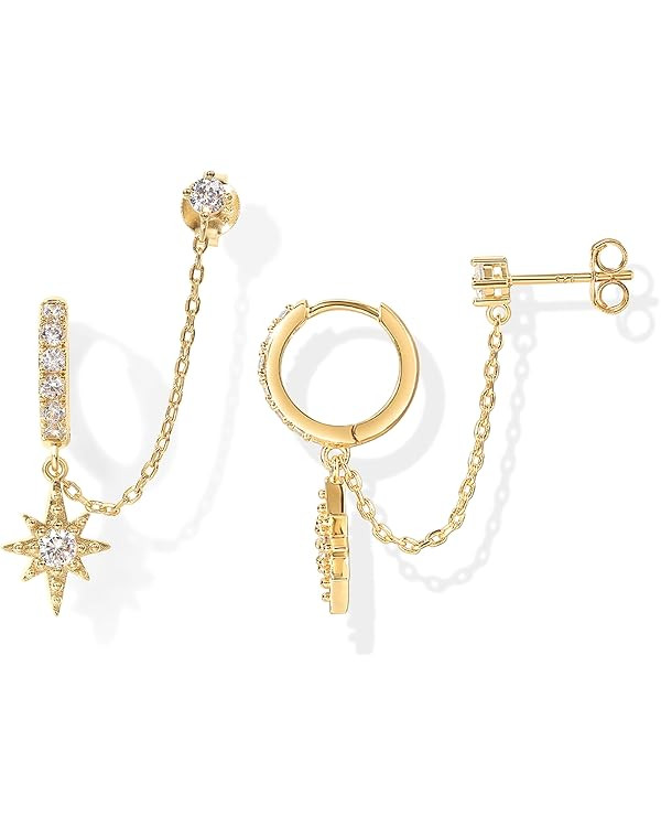 PAVOI 14K Gold Chain Earrings for Women | Double Piercing Dangle Chain Huggie Hoop Earrings | Cub... | Amazon (US)