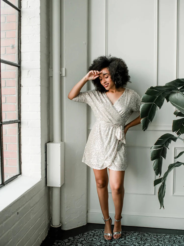 Bianca Silver Sequin Wrap Dress | Confête