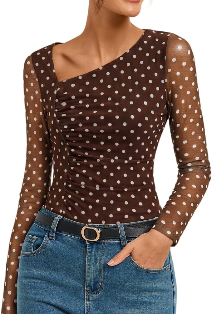 GRACE KARIN Women Mesh Boho Tops Asymmetrical Blouses | Long Sleeve Shirts Dressy Casual, Floral ... | Amazon (US)