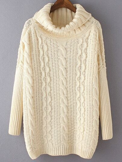 Beige High Neck Cable Knit Loose Sweater | SHEIN
