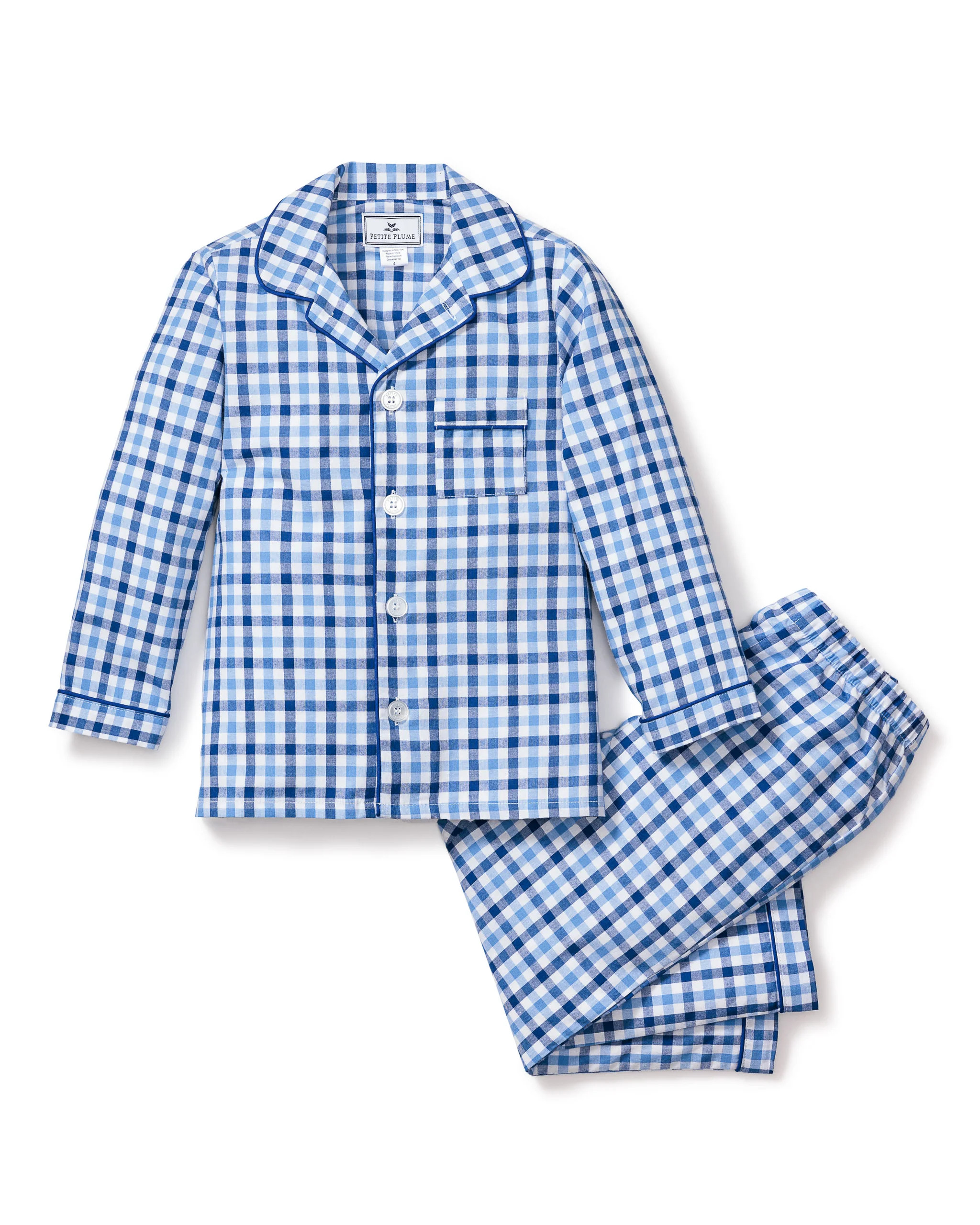 Kid's Twill Pajama Set in Royal Blue Gingham | Petite Plume