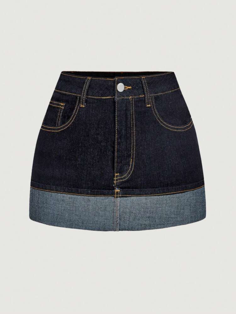 SHEIN MOD Women's Casual Washed Color Block Patchwork Denim Mini Skirt | SHEIN