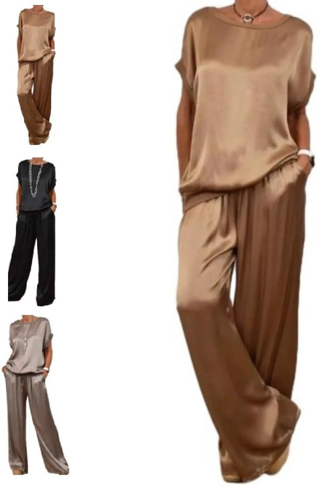 Women's Spring Casual Solid Color Satin 2 Piece Suit, Women's Satin Two Piece Suit, Short-Sleeved... | Amazon (US)