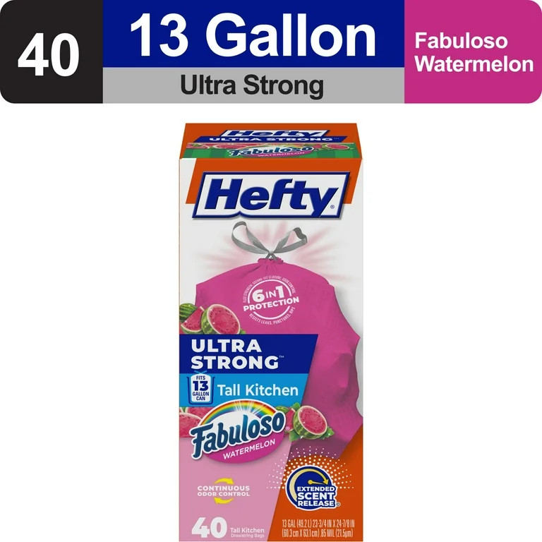 Hefty Ultra Strong 13 gallon Trash Bags, Tall Kitchen Trash Bags, Pink, Fabuloso Watermelon Scent... | Walmart (US)