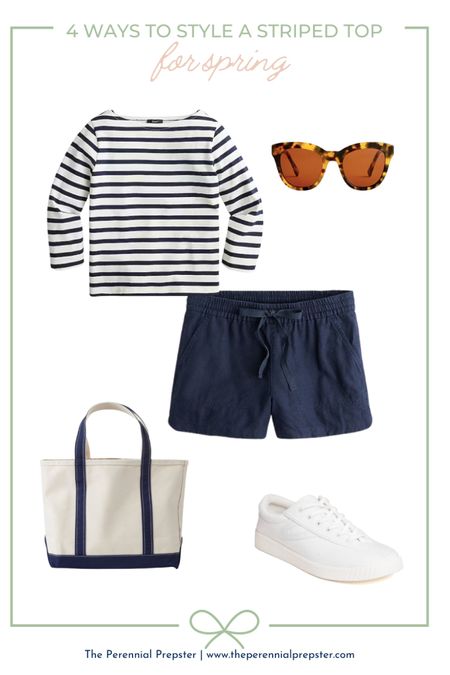 Cute classic and preppy style outfit idea for spring and summer / striped navy top / navy drawstring shorts, llbean open tote bag, tretorn sneakers spring style mom style easy style 

#LTKFind #LTKunder100 #LTKstyletip