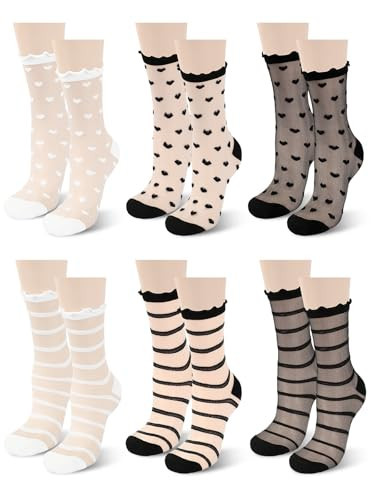 BOARDFEB Women's Ruffle Heart Striped Mesh Casual Lace Socks - 6 Pairs Summer Thin Dress Ankle Socks for Women & Girls | Amazon (US)