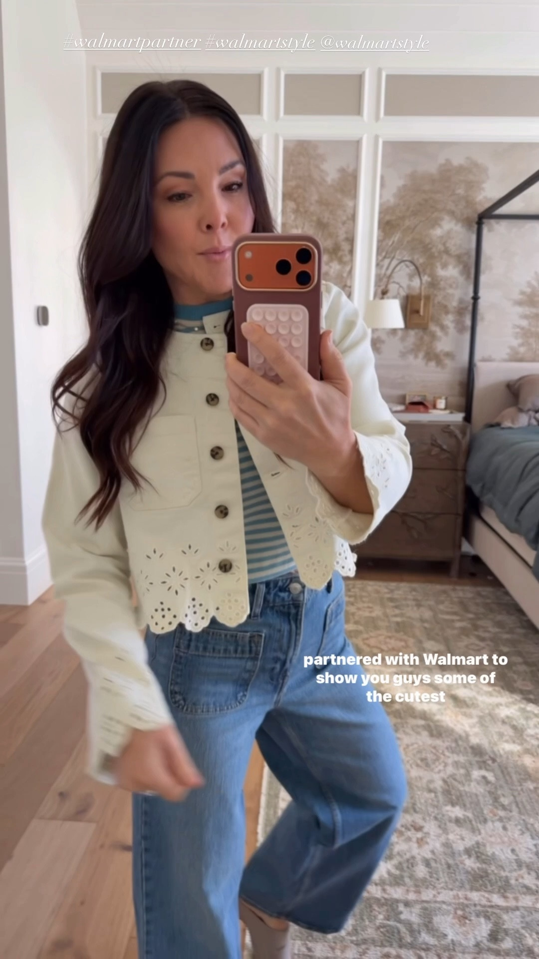 Spring outfit with eyelet cropped denim jacket, striped sweater tank top, and wide leg jeans 
@walmartstyle #walmartpartner #walmartstyle

#LTKOver40 #LTKSaleAlert