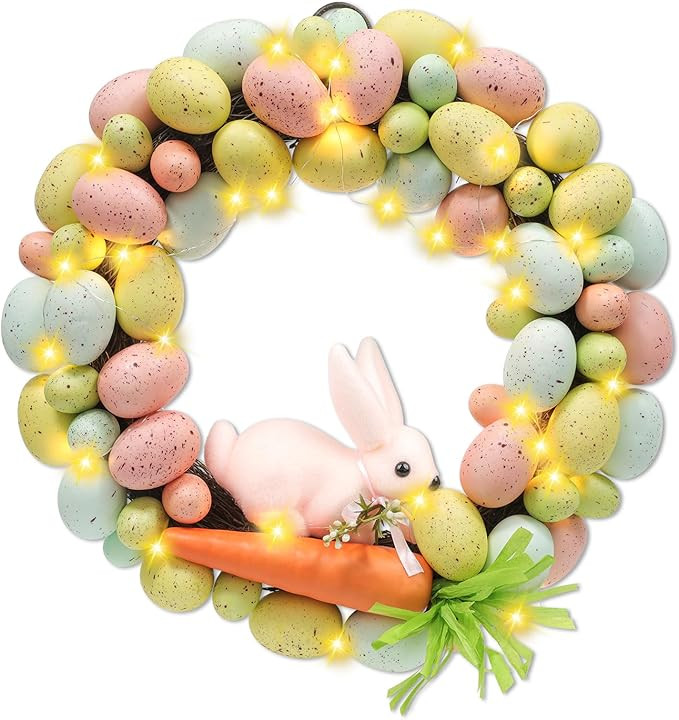 Easter Bunny Spring Wreath 16.5 Inch Easter Front Door Decor,with Lighted 20 LED Warm Lights with... | Amazon (US)