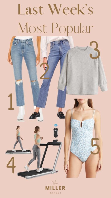 Most popular products from this last week including two pairs of denim for spring, a super soft sweatshirt, a pretty one piece swimsuit, and a fold up treadmill. 

#LTKSeasonal #LTKFind #LTKunder100