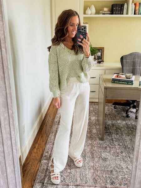 Spring outfit. Pink Lily. Linen blend beach pants. Open knit sweater. Wedge sandals. 
Sweater S. Pants XS, would prefer S. Sandals TTS
use code TWOPEAS20 for 20% off
@pinklily #pinklily #pinklilypartner

#LTKSeasonal #LTKfindsunder50 #LTKstyletip
