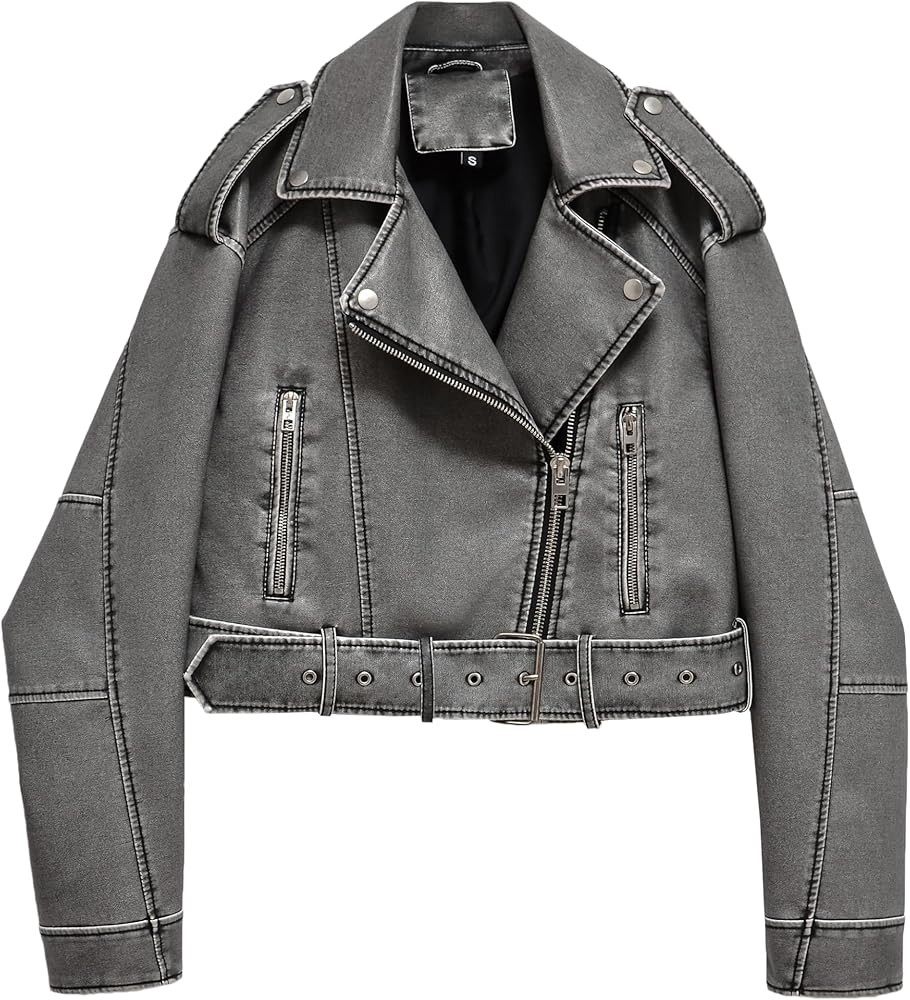 LY VAREY LIN Women Faux Leather Cropped Jacket Lapel Zipper Biker Short Coat with Belt | Amazon (US)