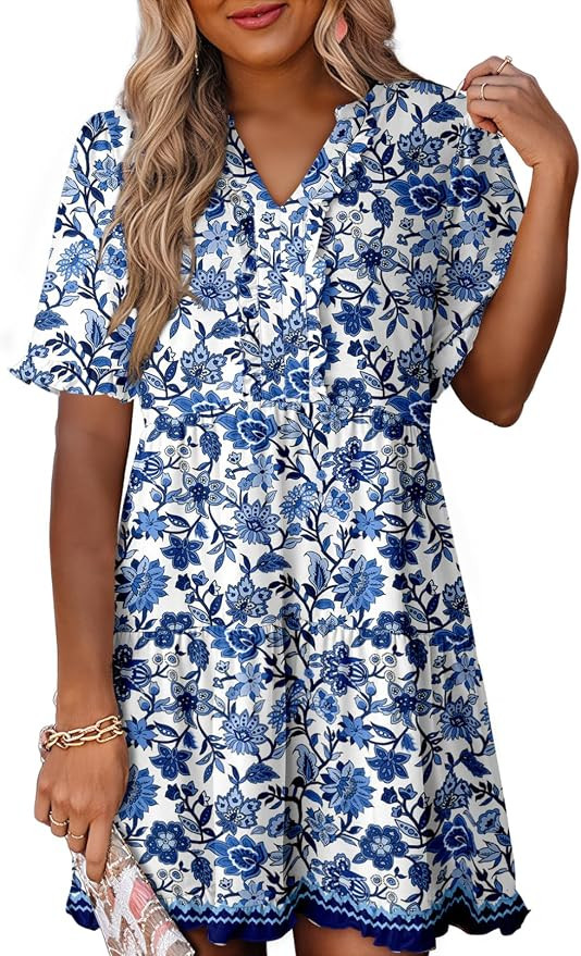 Dokotoo Womens Summer Dresses 2026 V Neck A Line Short Sleeve Casual Ruffle Babydoll Mini Dress | Amazon (US)