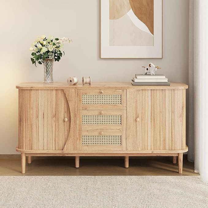 55" Sideboard Cabinet with Rattan Drawers and Sliding Doors, Wood Look Storage Dresser with Adjus... | Amazon (CA)