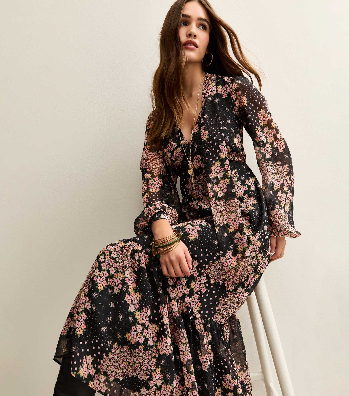 Black Floral Print Tie Neck Chiffon Midi Dress | New Look | New Look (UK)