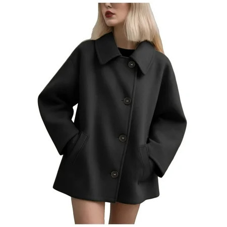Sopiago Womens Peacoat Classic Notch Lapel Blazer Jackets Single Oversized Fall Winter Outerwear Wool Trench Coat Women Black XS | Walmart (US)