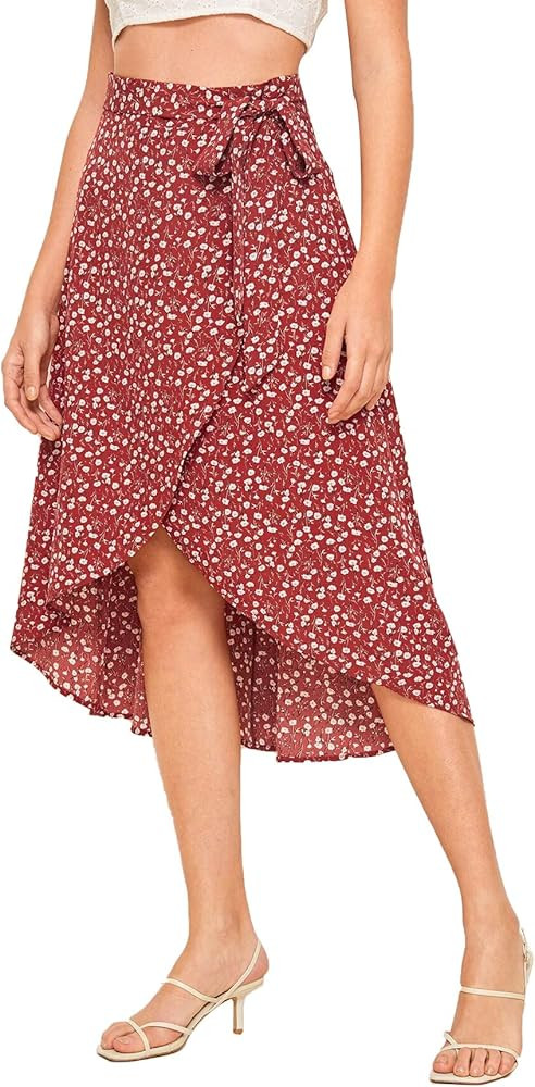 SheIn Women's Boho Ditsy Floral Knot High Waisted Wrap Split Midi Skirt | Amazon (US)