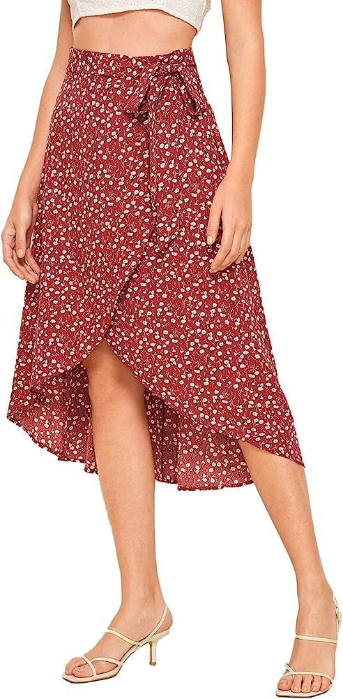 SheIn Women's Boho Ditsy Floral Knot High Waisted Wrap Split Midi Skirt | Amazon (US)