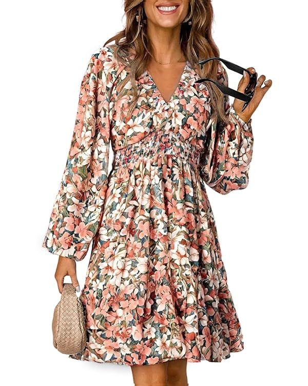 Dokotoo Womens Dresses 2025 Boho Floral V Neck Long Sleeve Smocked Elastic Waist Casual A-Line Sw... | Amazon (US)